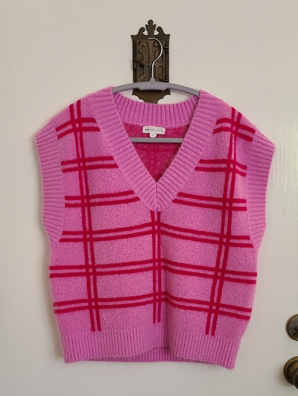 GREY LAB Pink Plaid V-Neck Sweater Vest